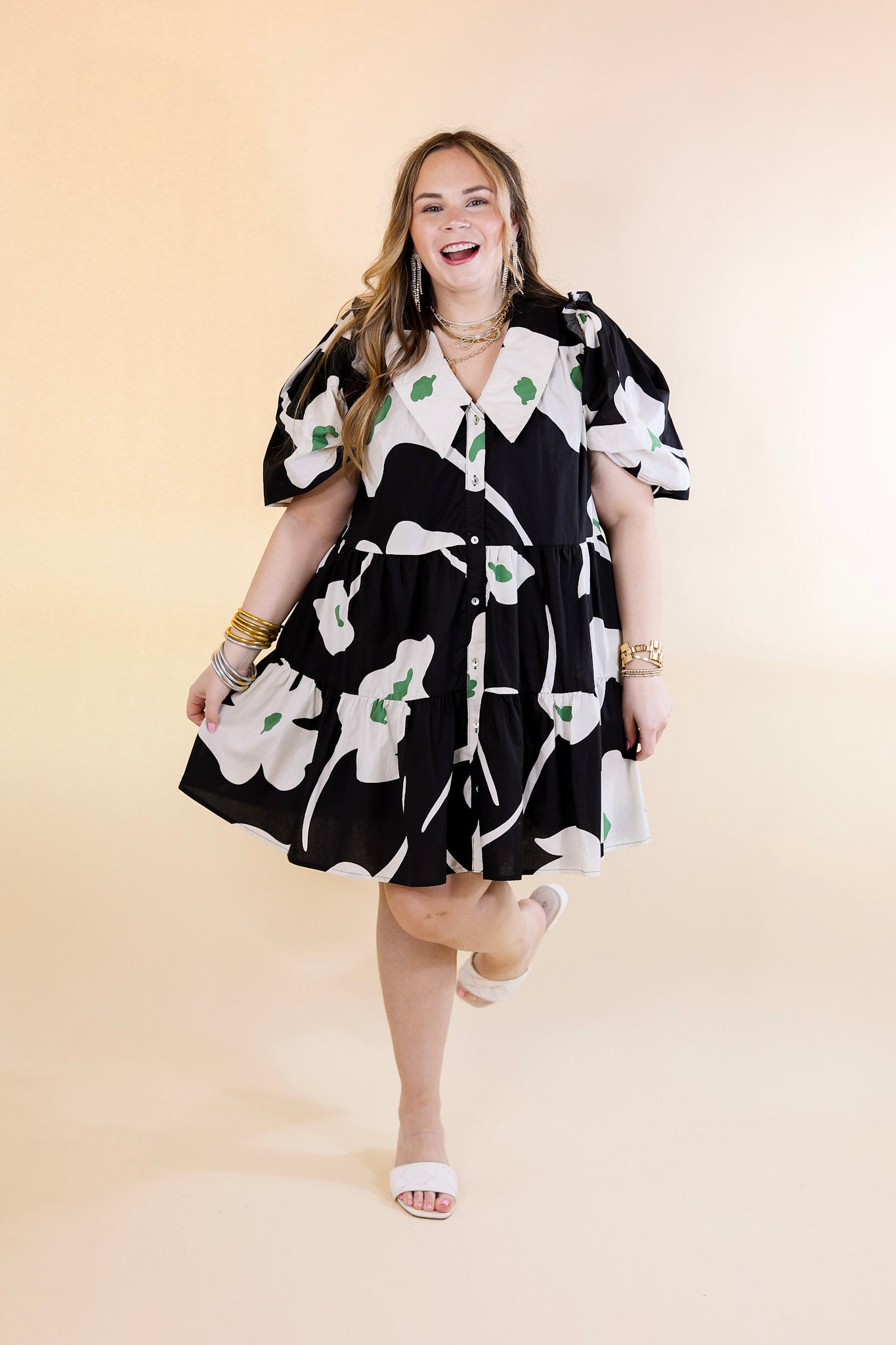 Dreamy Delight Floral Print Button Down Dress with Puff Sleeves in Black - Giddy Up Glamour Boutique