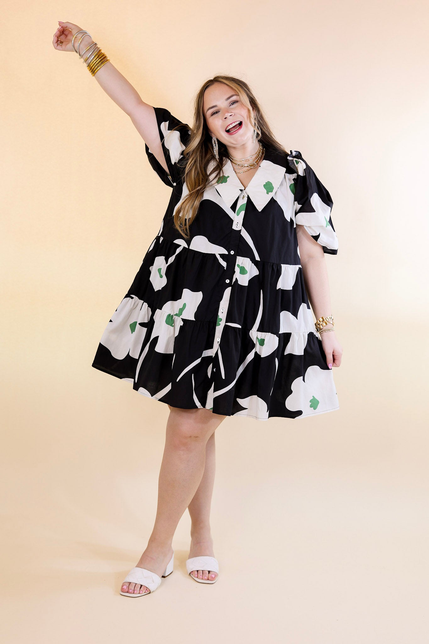 Dreamy Delight Floral Print Button Down Dress with Puff Sleeves in Black - Giddy Up Glamour Boutique