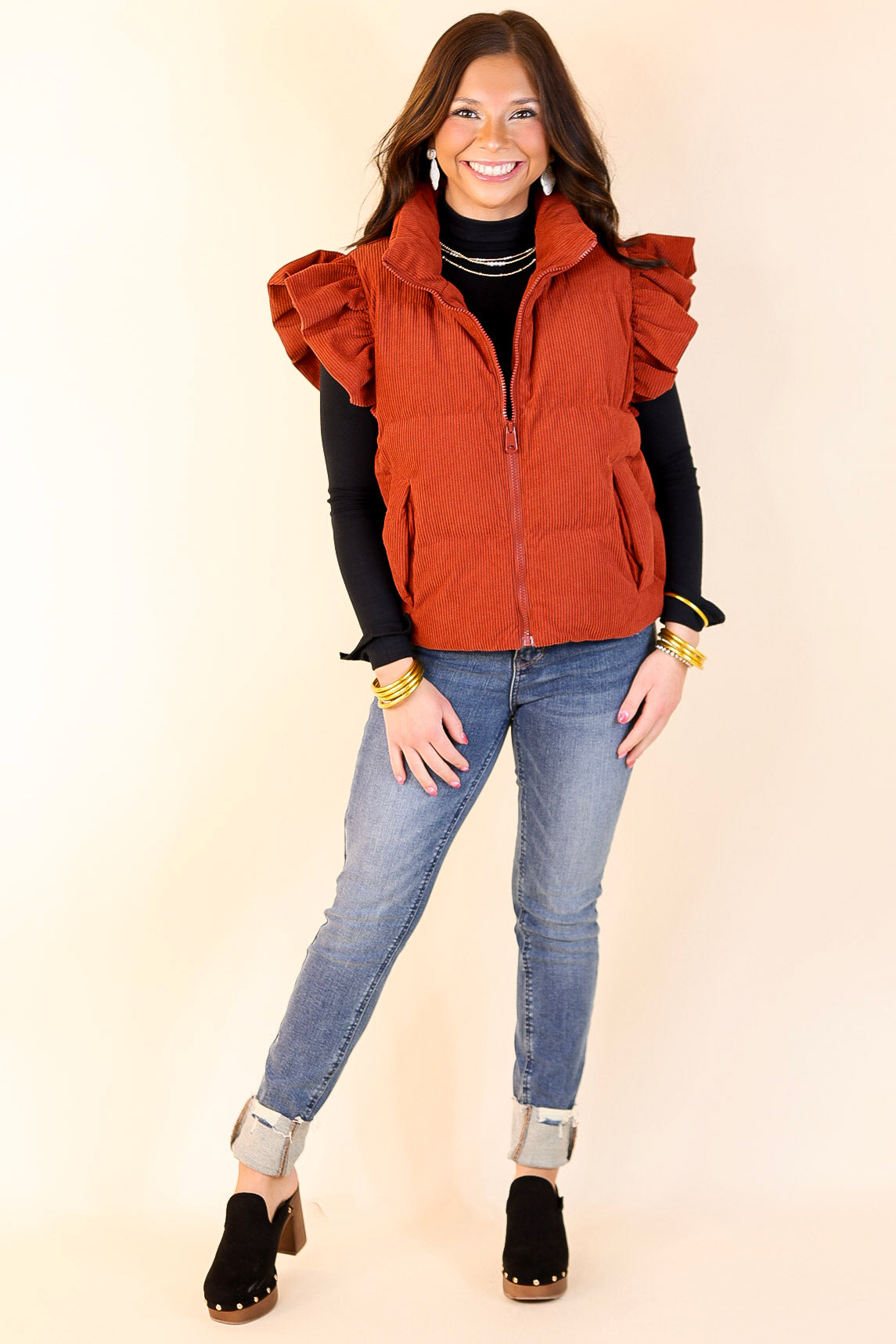 Winter Wanderlust Corduroy Puffer Vest with Ruffle Sleeves in Rust Red