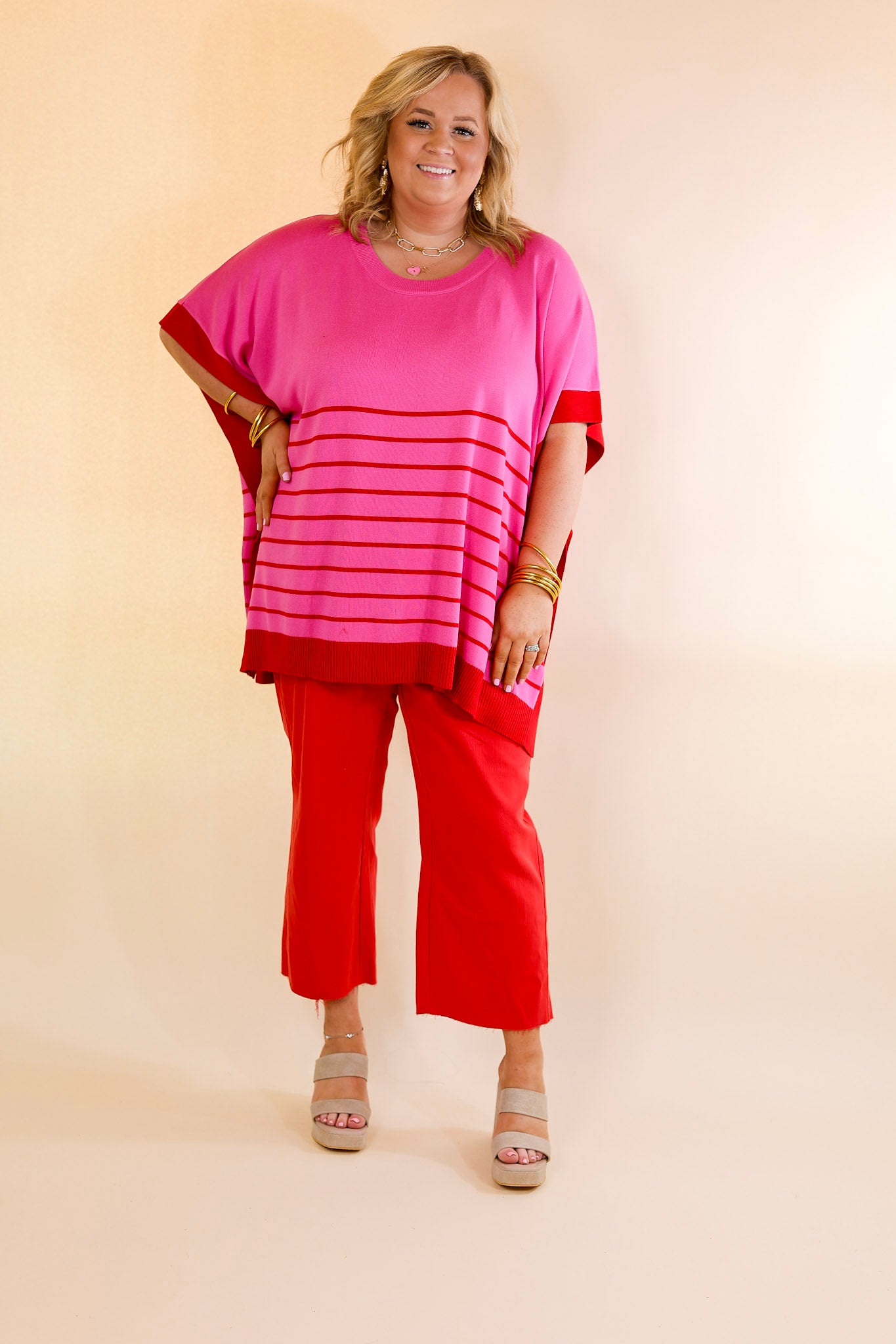 Casual to Chic Short Sleeve Striped Poncho Top in Pink and Red