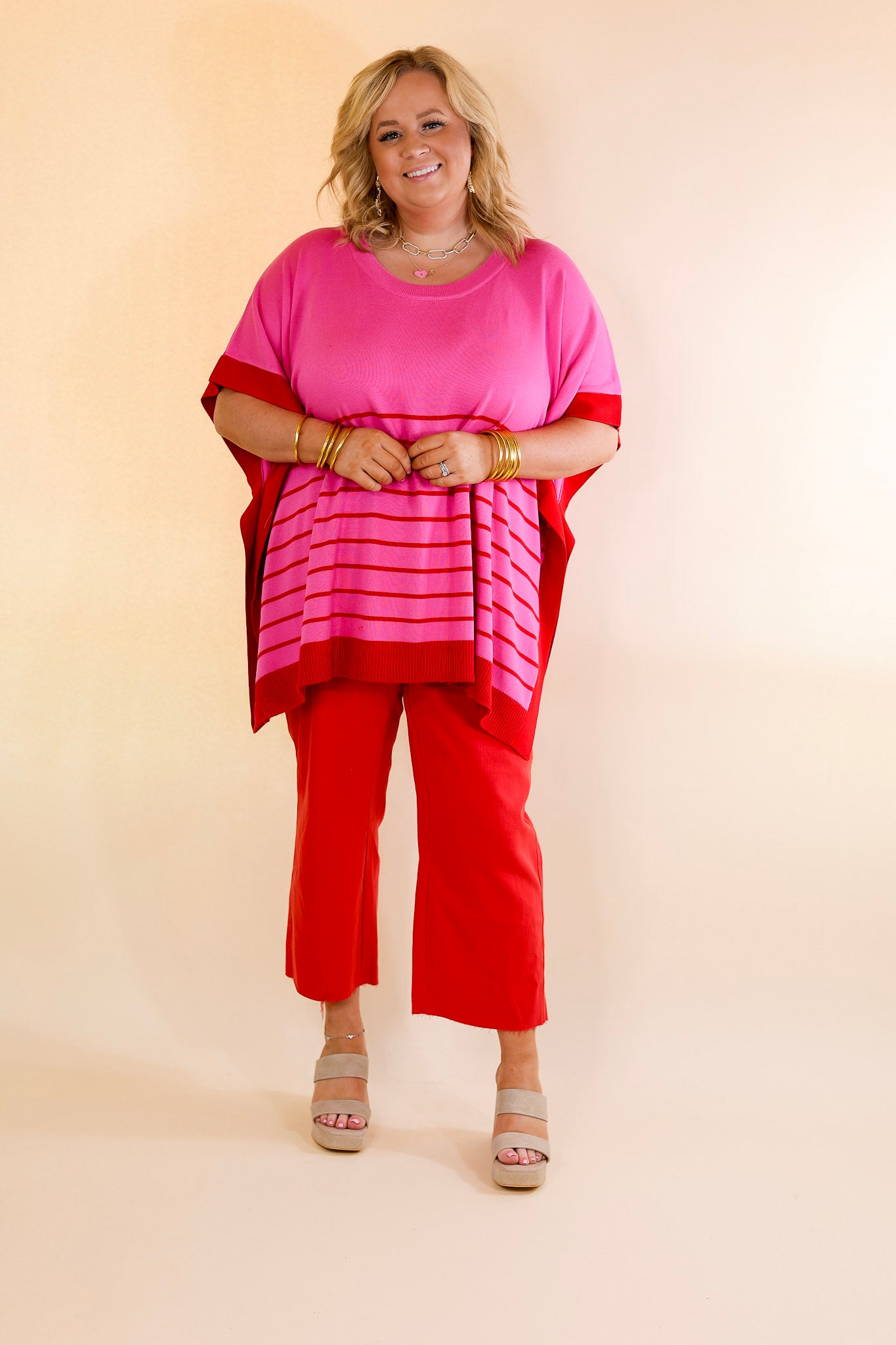 Casual to Chic Short Sleeve Striped Poncho Top in Pink and Red - Giddy Up Glamour Boutique