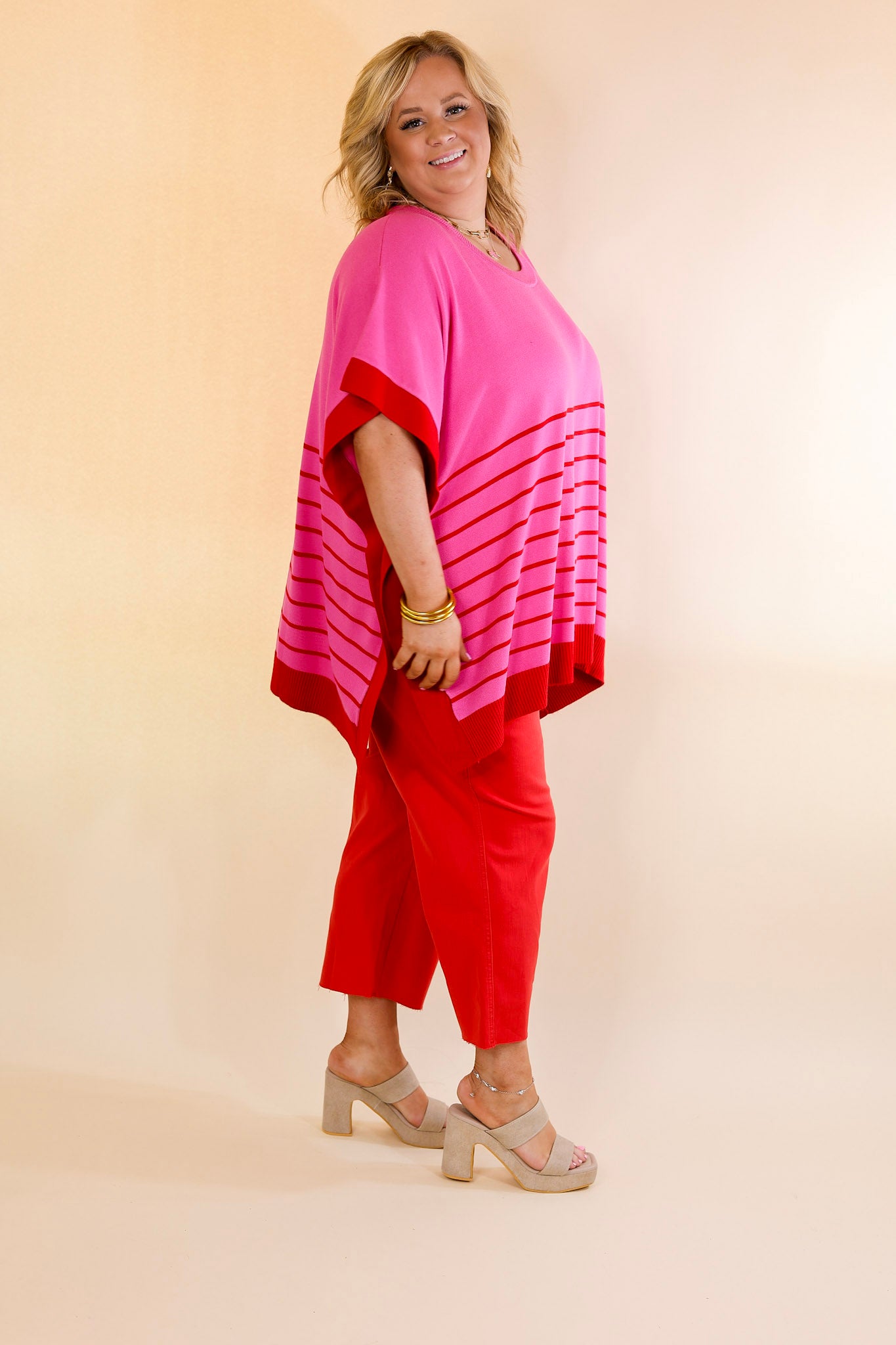 Casual to Chic Short Sleeve Striped Poncho Top in Pink and Red - Giddy Up Glamour Boutique