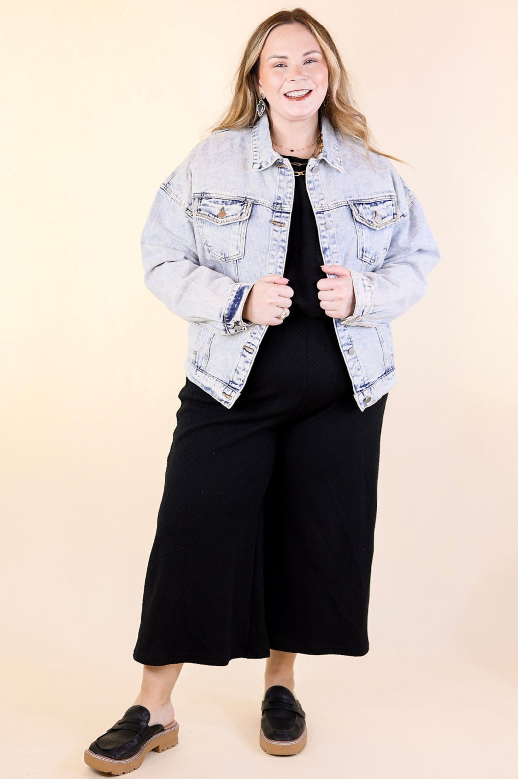 Take A Minute Crystal Front Pocket Denim Jacket in Light Wash