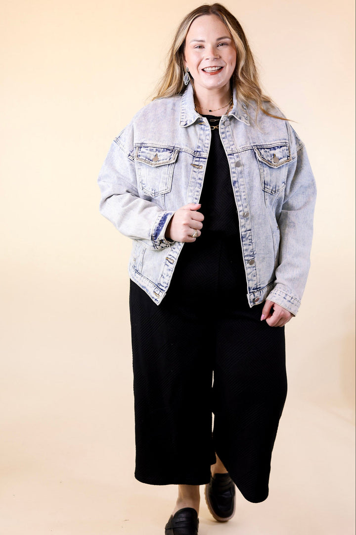 Take A Minute Crystal Front Pocket Denim Jacket in Light Wash