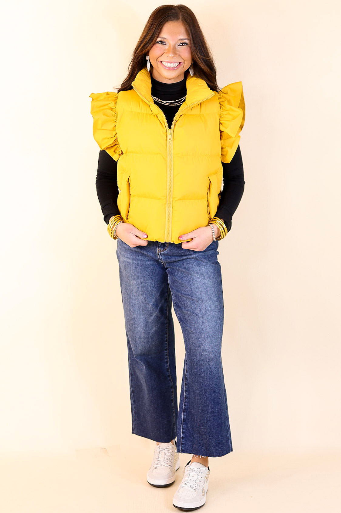 All Season Long Ruffle Sleeve Puffer Vest in Mustard Yellow