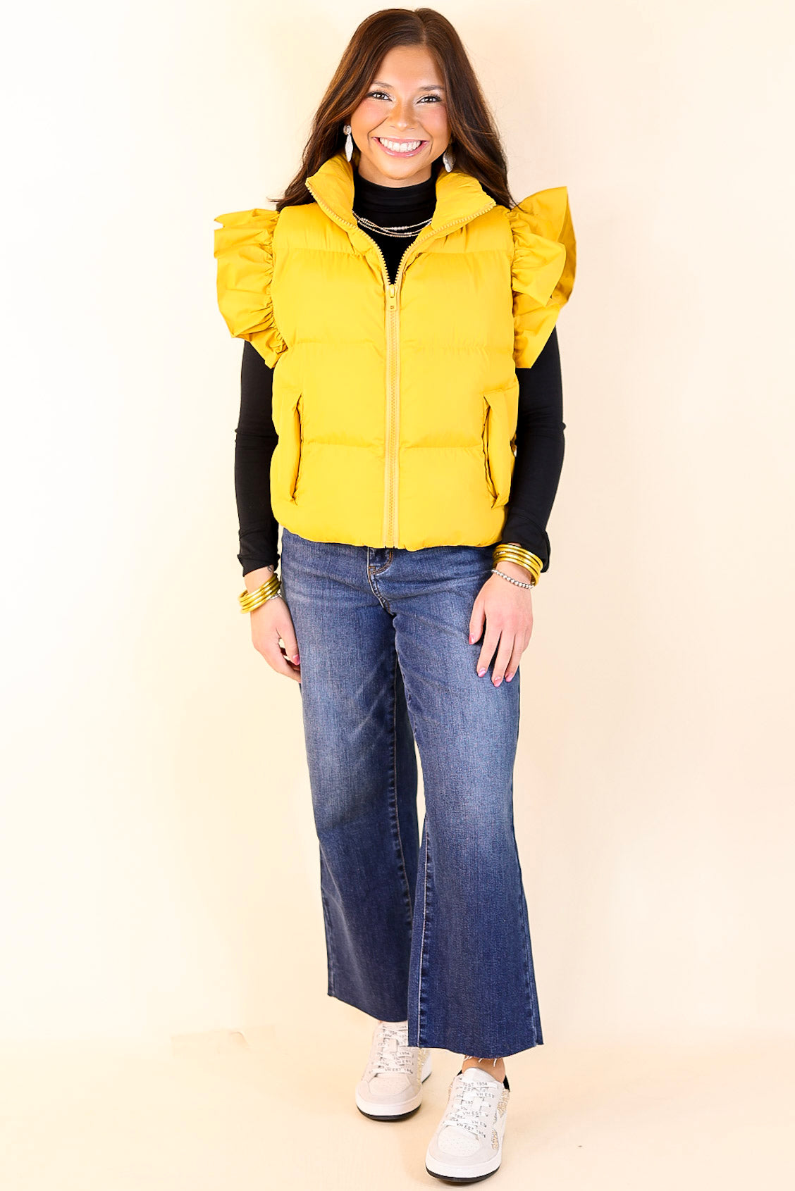 All Season Long Ruffle Sleeve Puffer Vest in Mustard Yellow