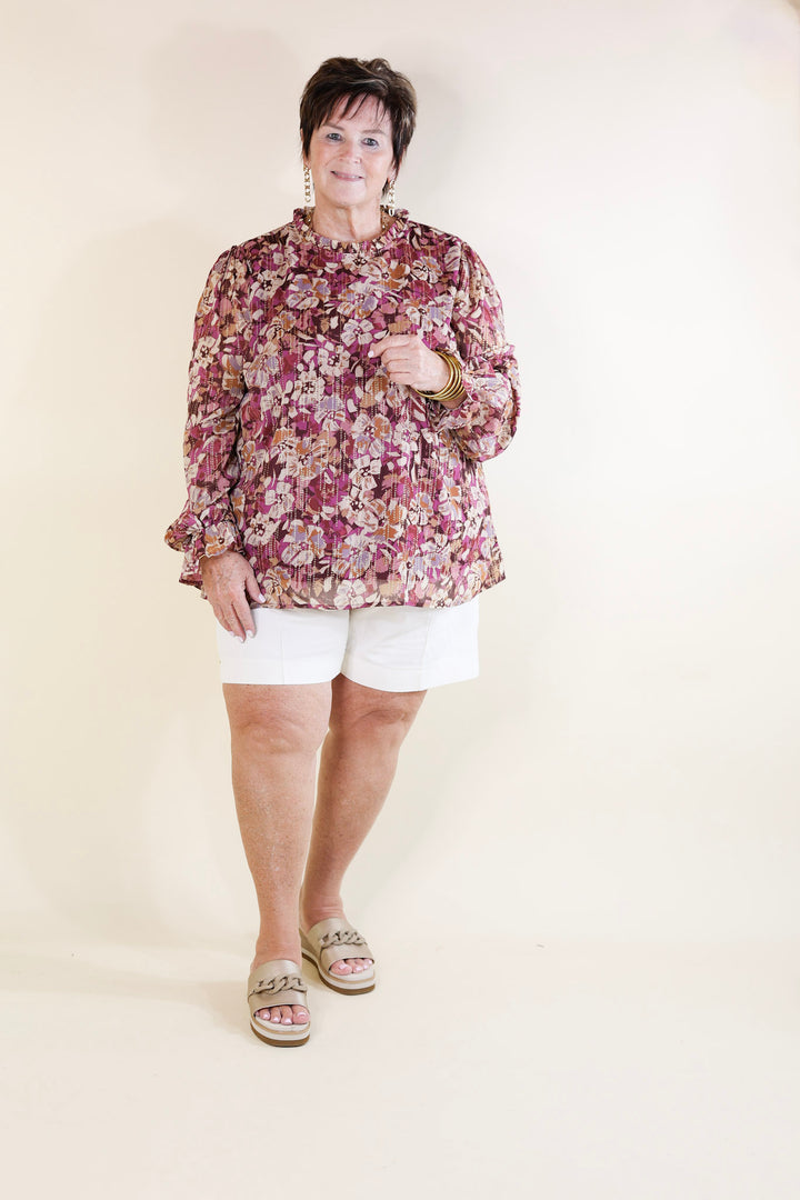 Last Chance Size Small, Medium, 3XL | Counting Favors High Neck Floral Top with Long Sleeves in Magenta and Gold