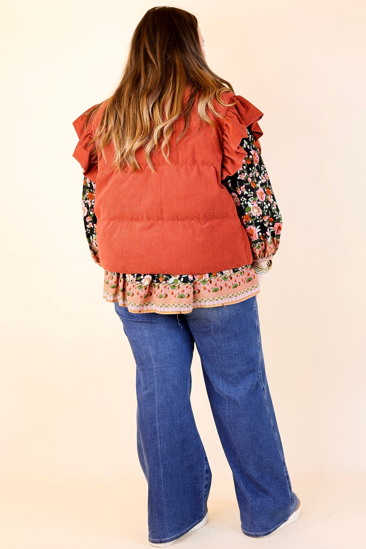 Winter Wanderlust Corduroy Puffer Vest with Ruffle Sleeves in Rust Red