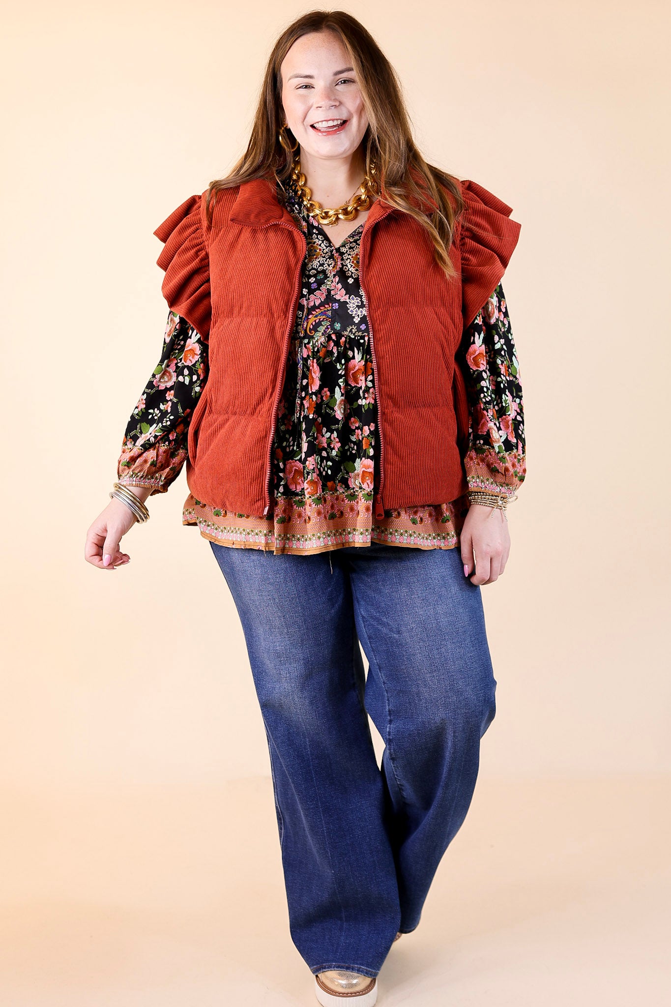 Winter Wanderlust Corduroy Puffer Vest with Ruffle Sleeves in Rust Red