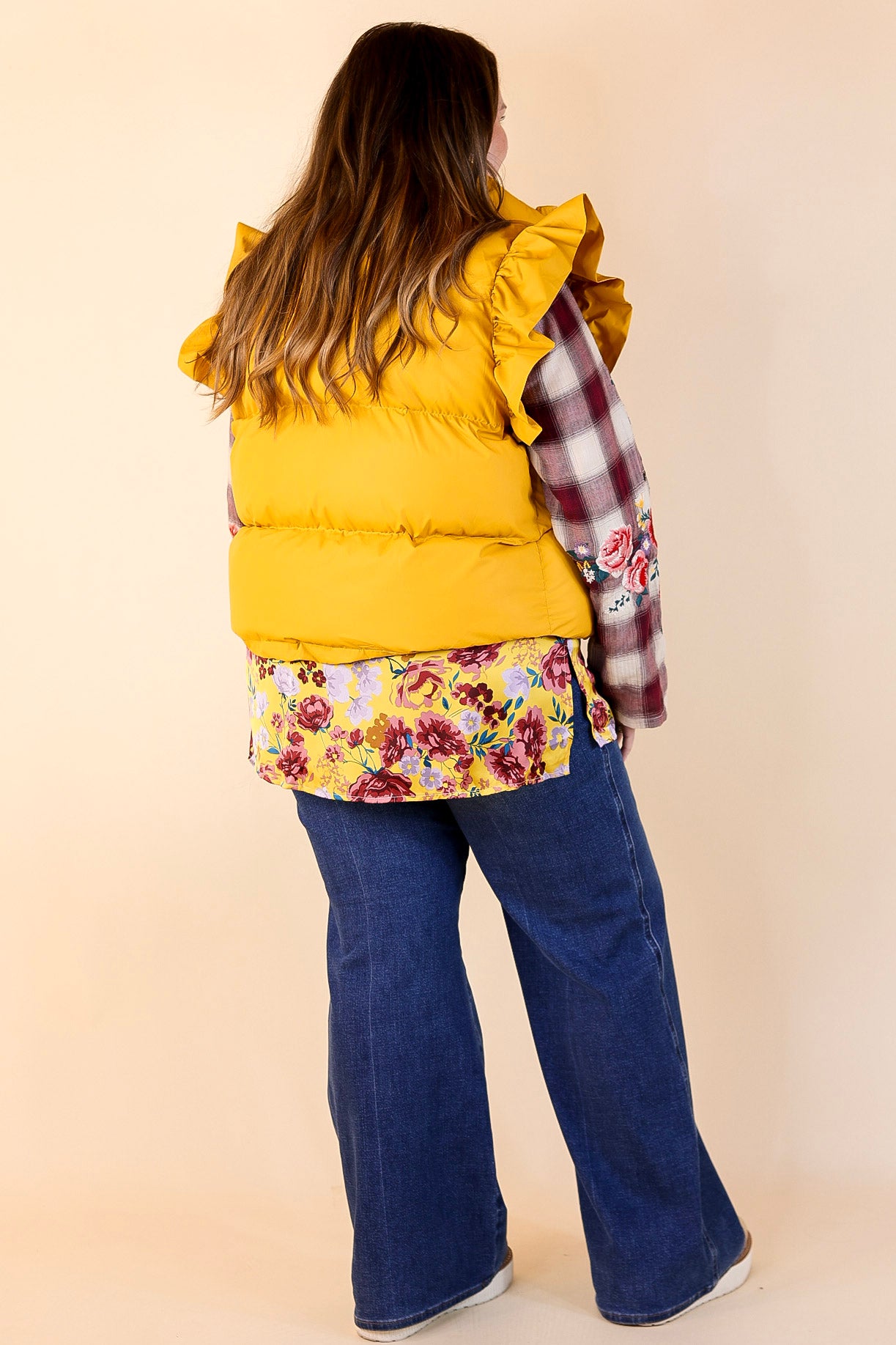 All Season Long Ruffle Sleeve Puffer Vest in Mustard Yellow