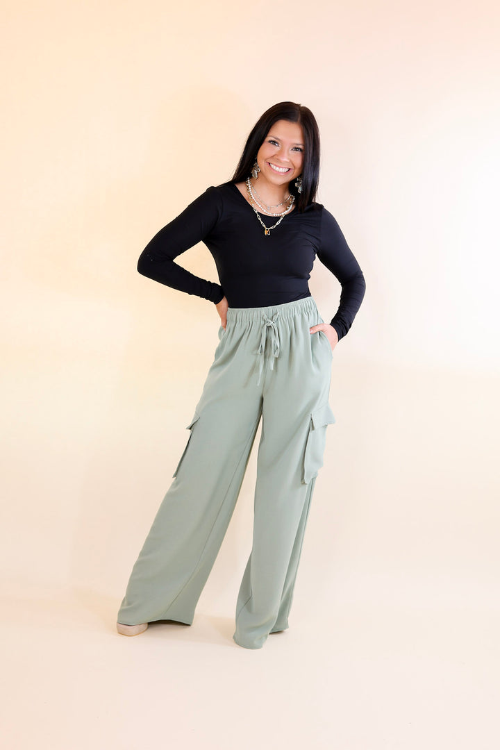 Sunday Stroll Wide Leg Cargo Pant in Sage Green - Giddy Up Glamour Boutique
