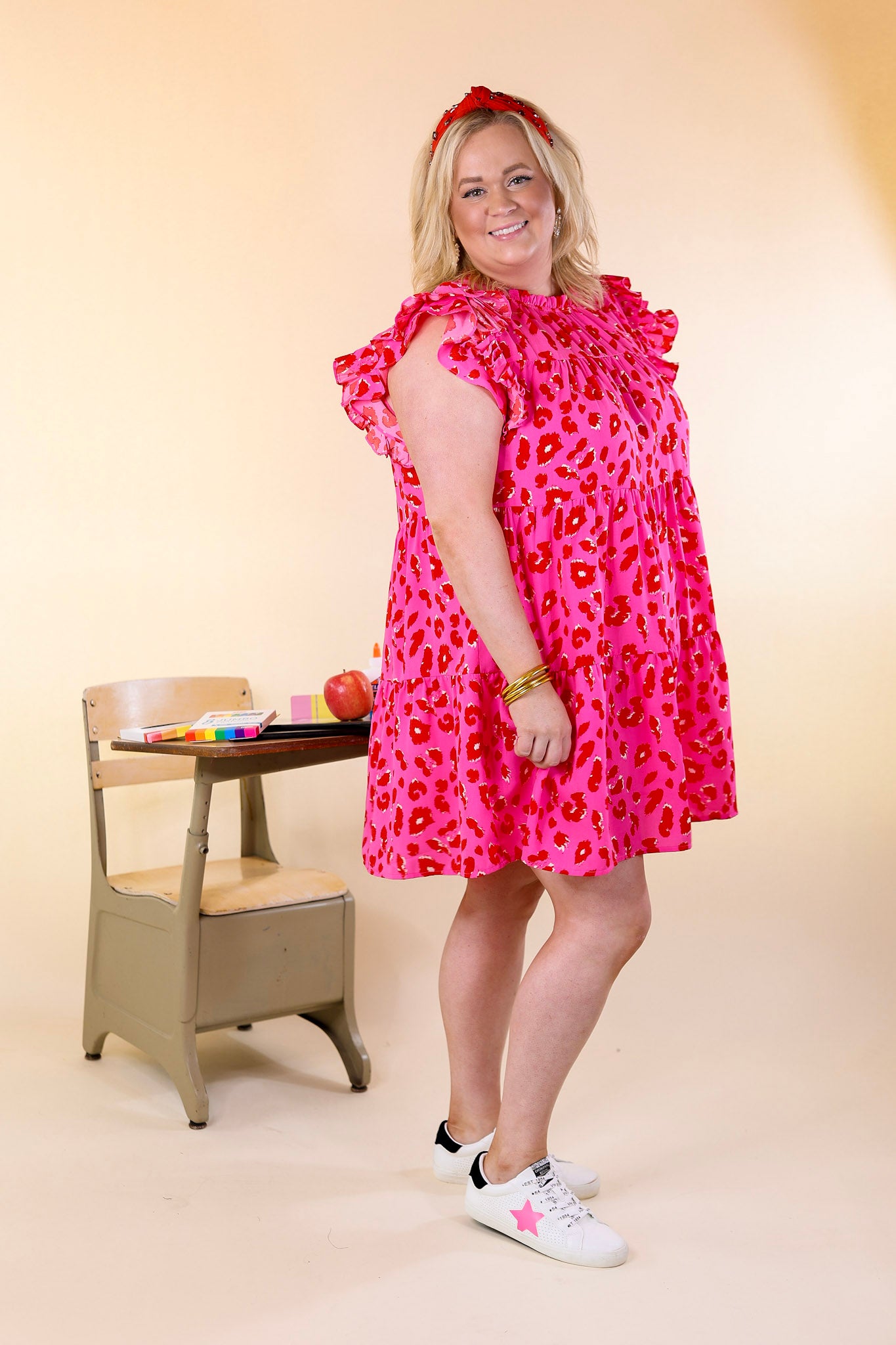 Daring and Delightful Leopard Print Dress with Ruffle Cap Sleeves in Pink