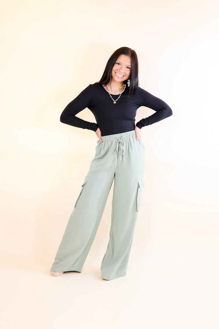 Sunday Stroll Wide Leg Cargo Pant in Sage Green - Giddy Up Glamour Boutique