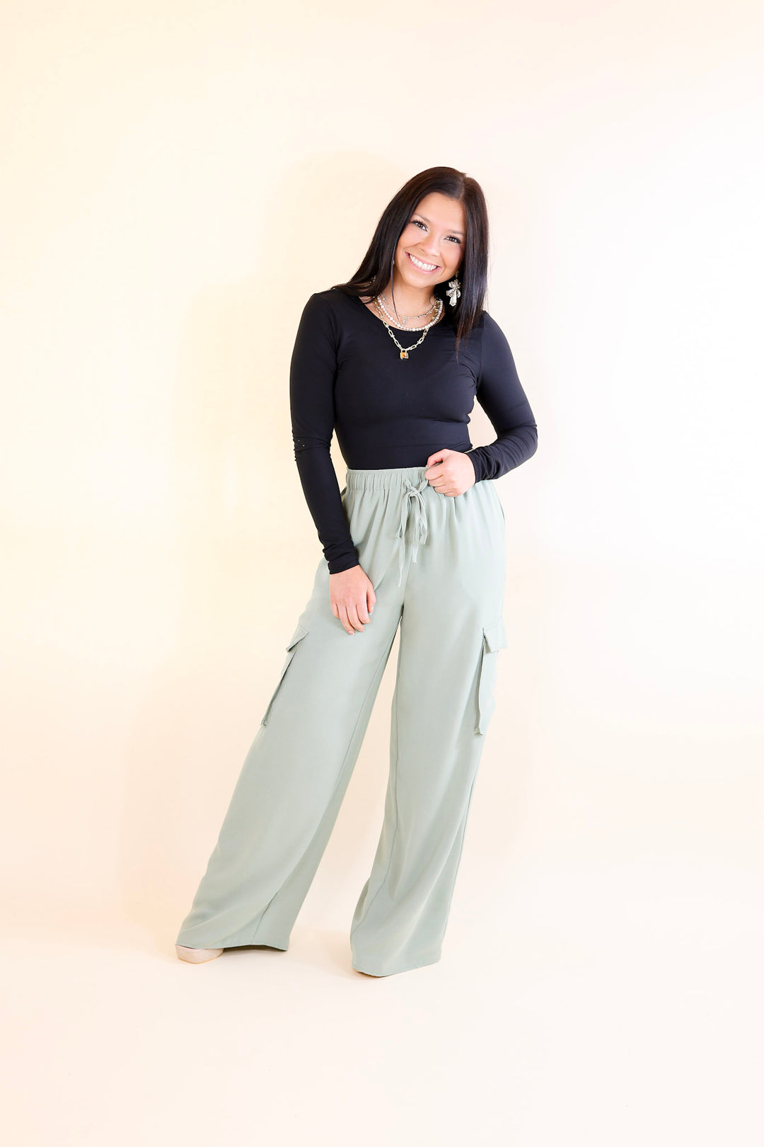 Sunday Stroll Wide Leg Cargo Pant in Sage Green - Giddy Up Glamour Boutique