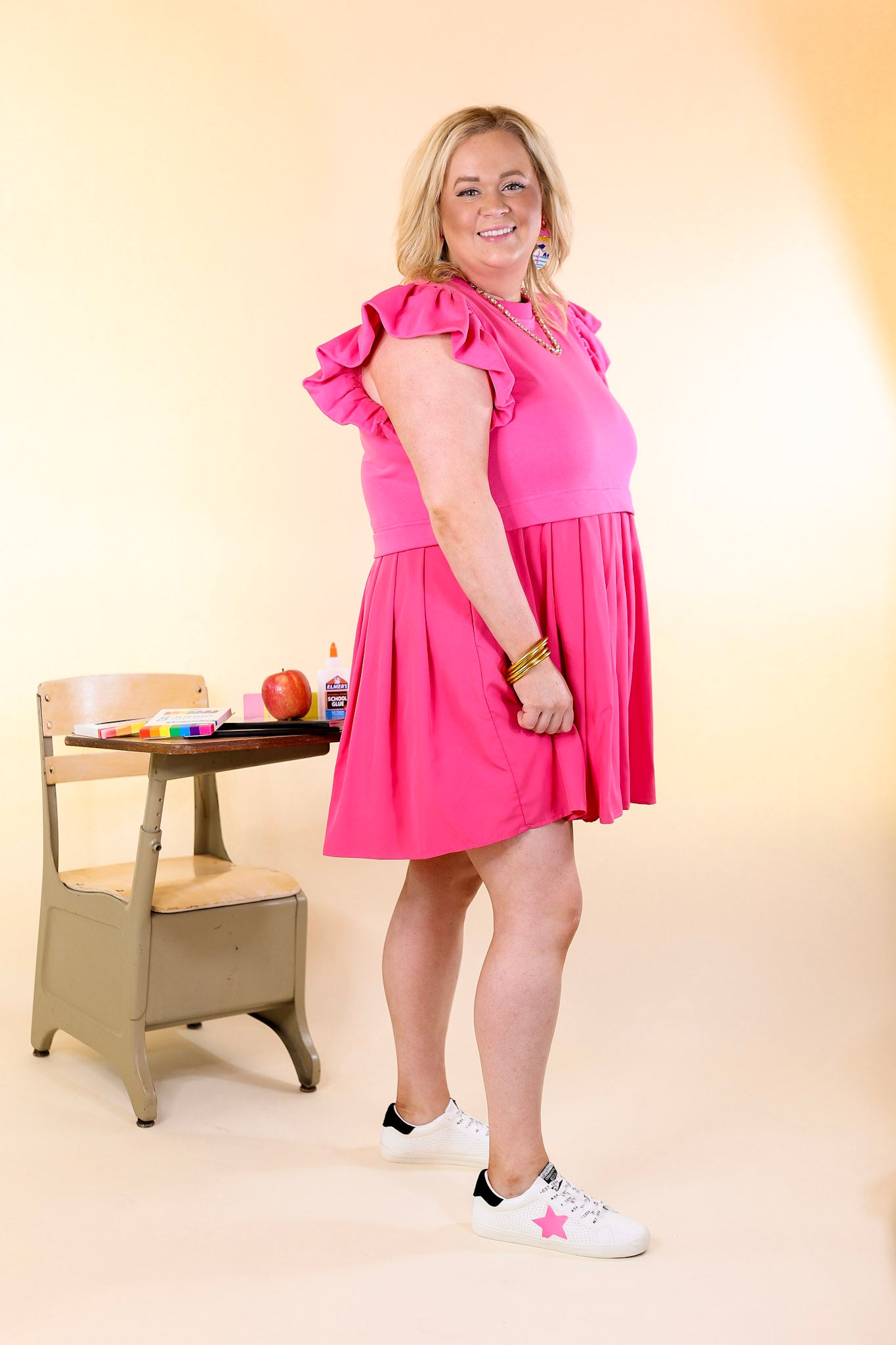 Simple Sophistication Solid Color Dress with Ruffle Cap Sleeves in Hot Pink