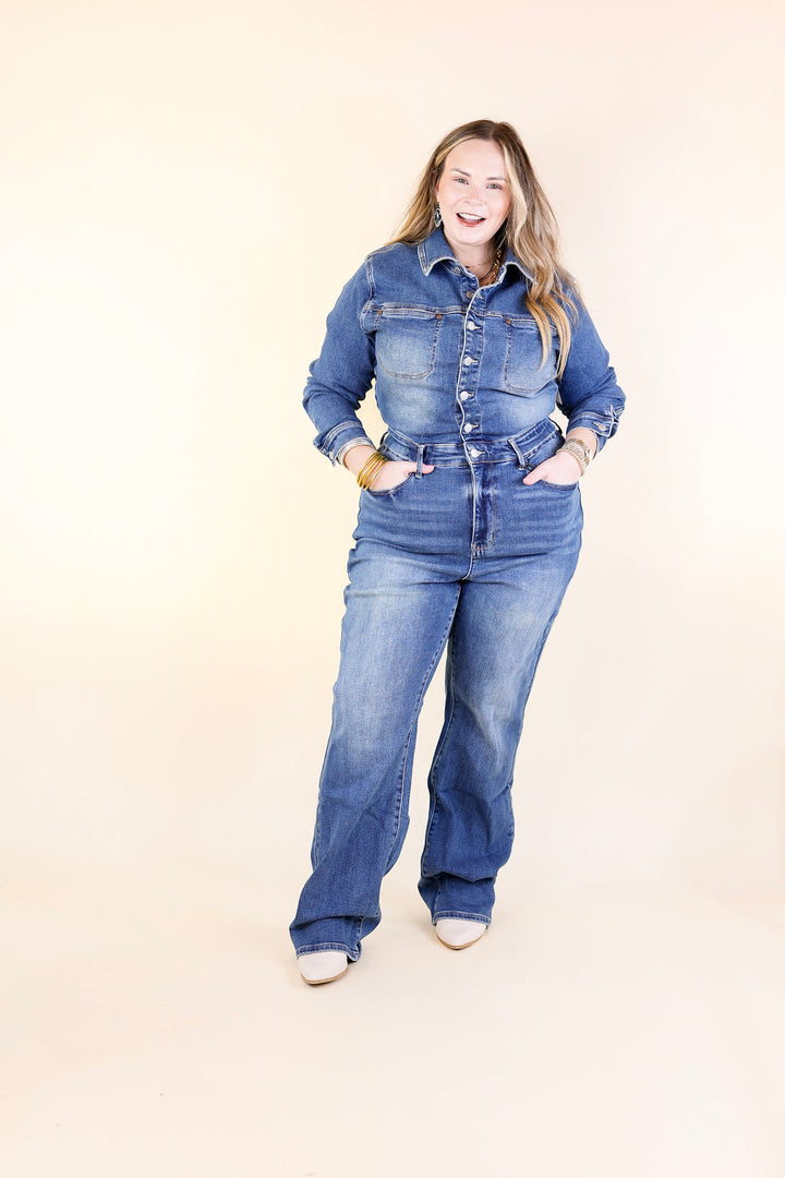 Judy Blue | Not Your Concern Long Sleeve Denim Jumpsuit in Medium Wash