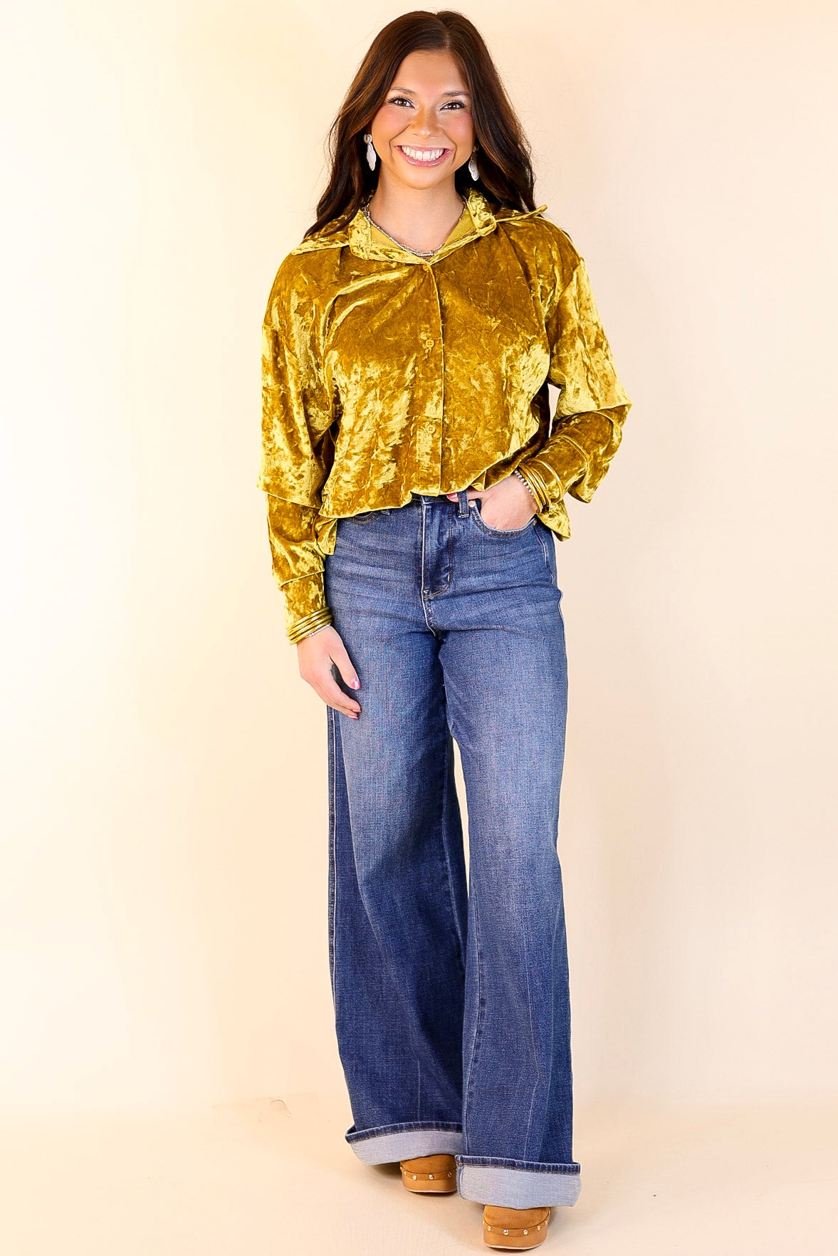 Frosted Glow Velvet Long Sleeve Button Up Top in Mustard Yellow