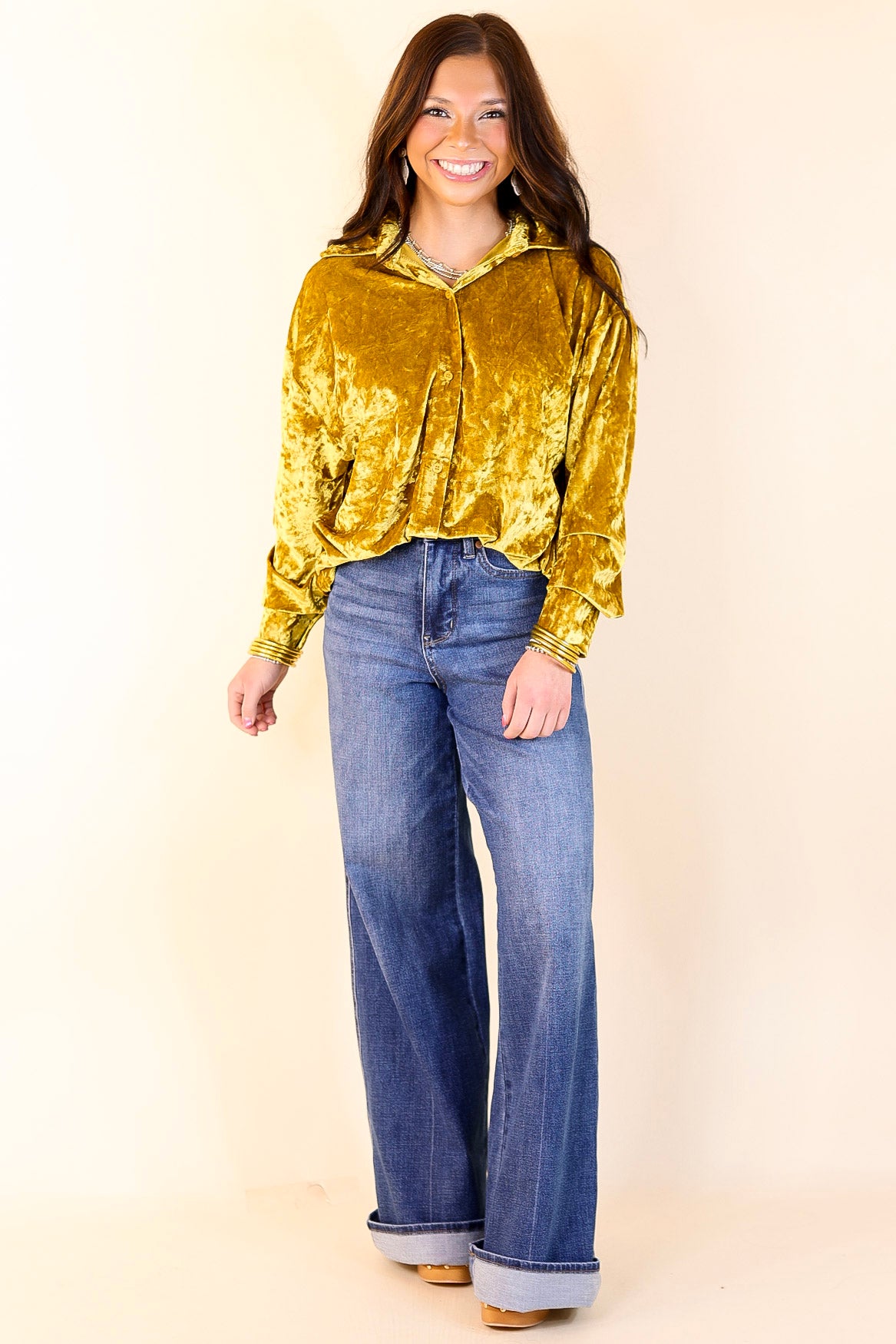 Frosted Glow Velvet Long Sleeve Button Up Top in Mustard Yellow