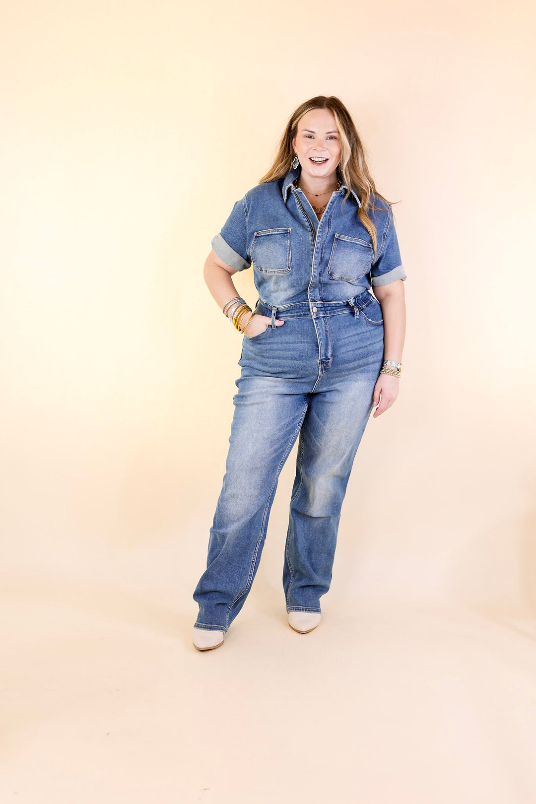 Judy Blue | New To The City Short Sleeve Denim Jumpsuit in Medium Wash