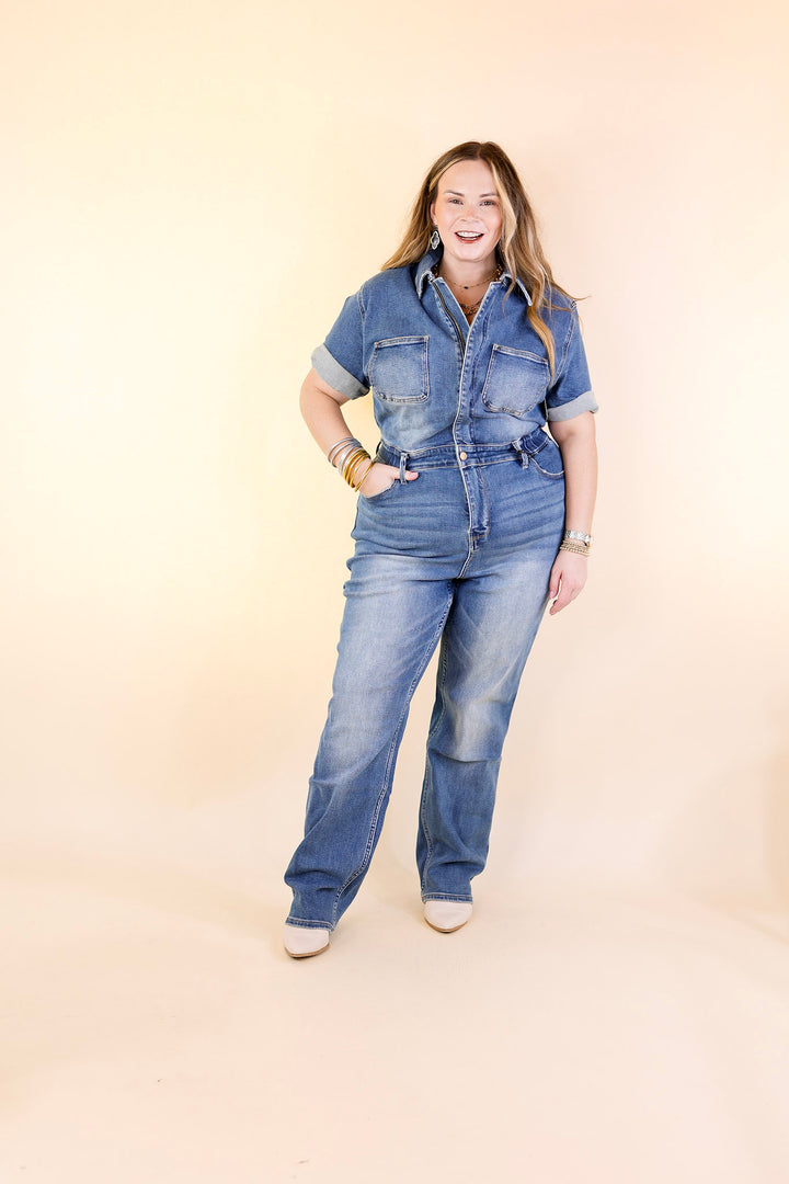 Judy Blue | New To The City Short Sleeve Denim Jumpsuit in Medium Wash