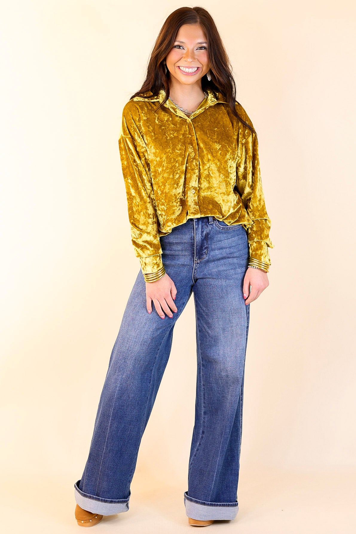 Frosted Glow Velvet Long Sleeve Button Up Top in Mustard Yellow