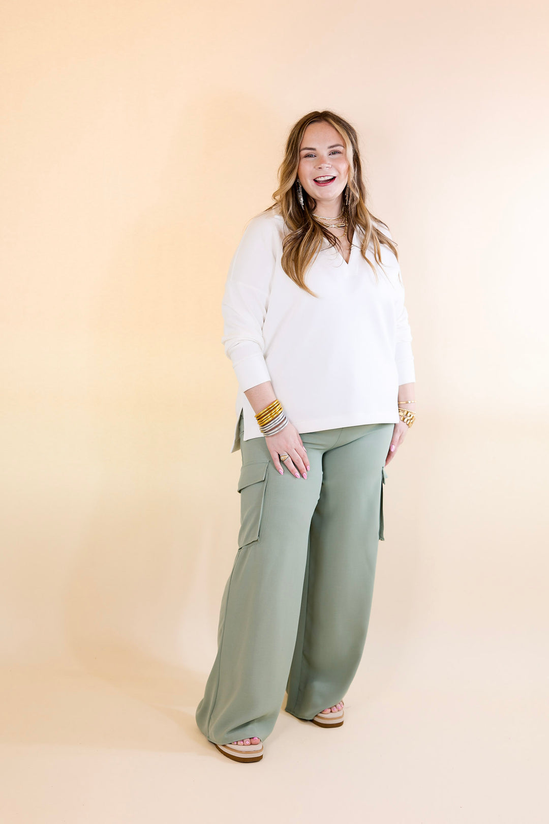 Sunday Stroll Wide Leg Cargo Pant in Sage Green - Giddy Up Glamour Boutique