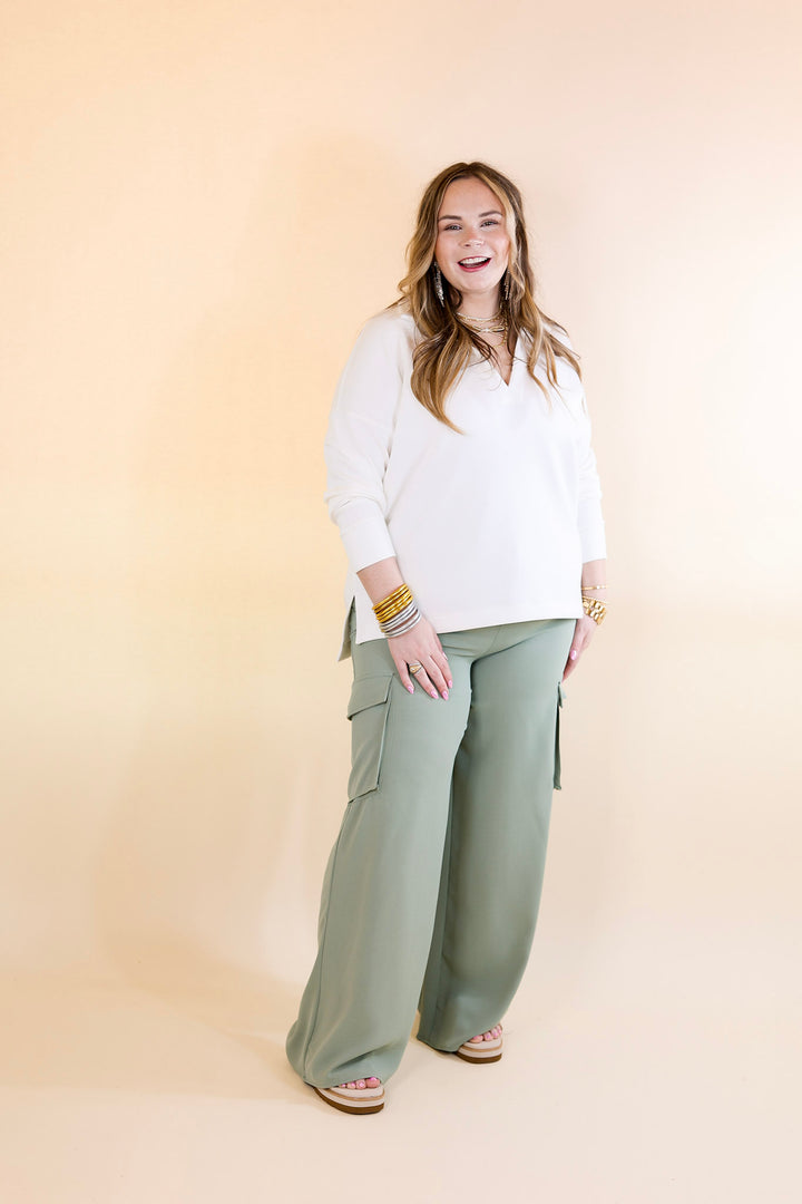 Sunday Stroll Wide Leg Cargo Pant in Sage Green - Giddy Up Glamour Boutique