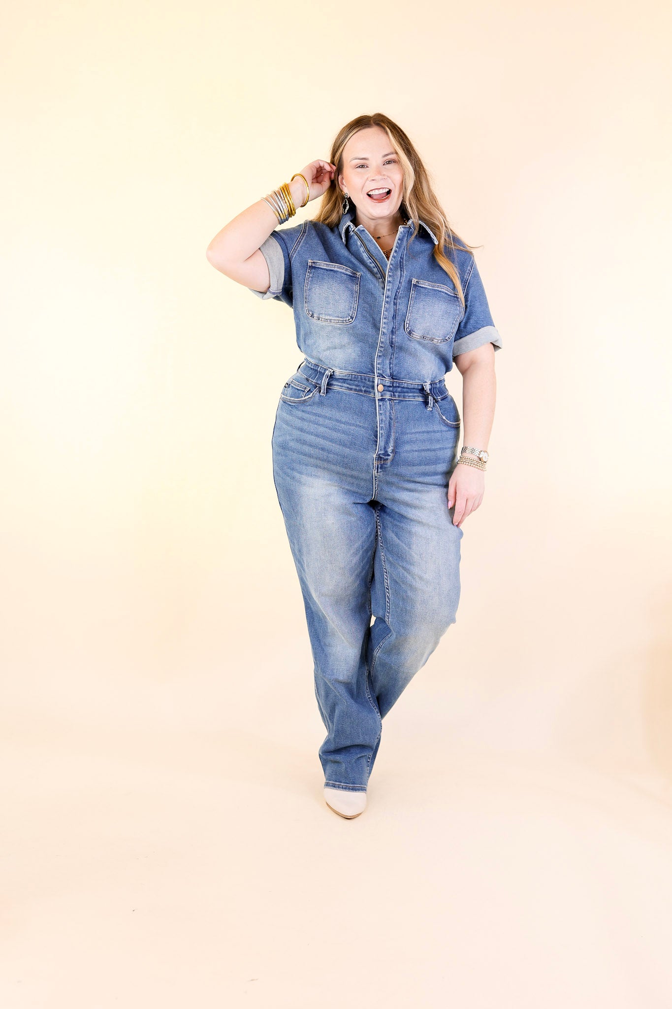 Judy Blue | New To The City Short Sleeve Denim Jumpsuit in Medium Wash