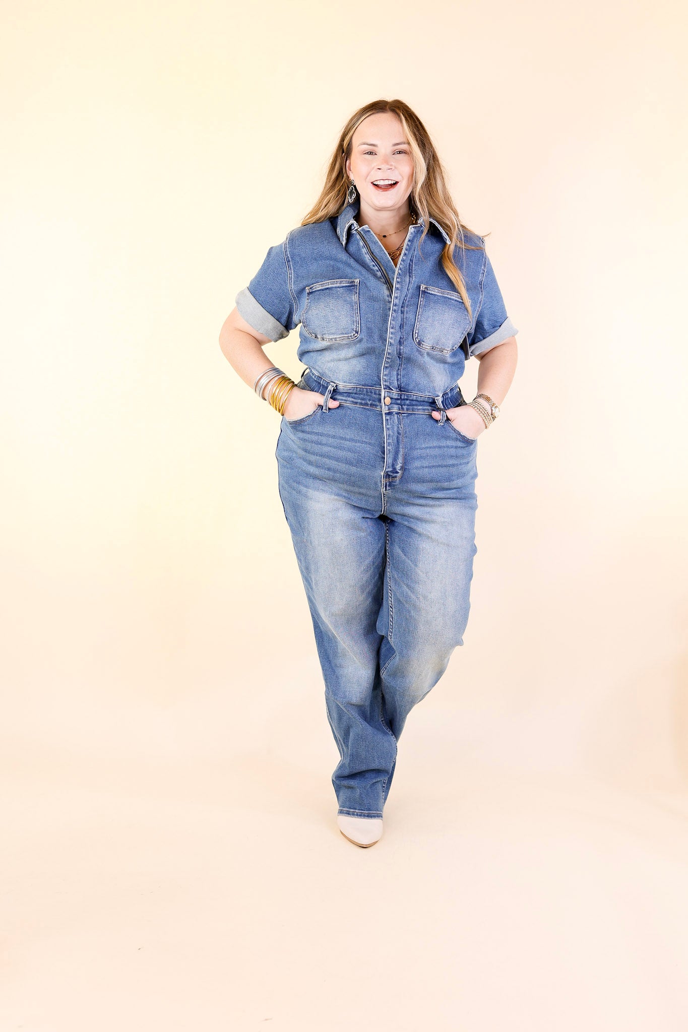 Judy Blue | New To The City Short Sleeve Denim Jumpsuit in Medium Wash