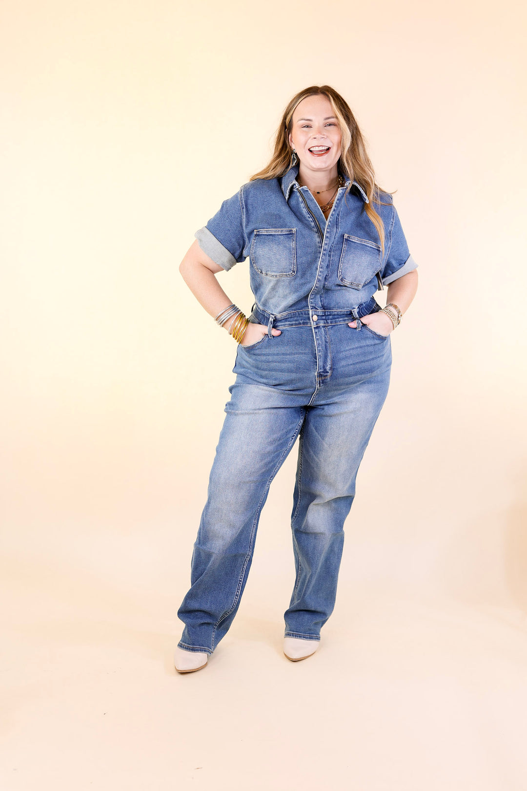 Judy Blue | New To The City Short Sleeve Denim Jumpsuit in Medium Wash