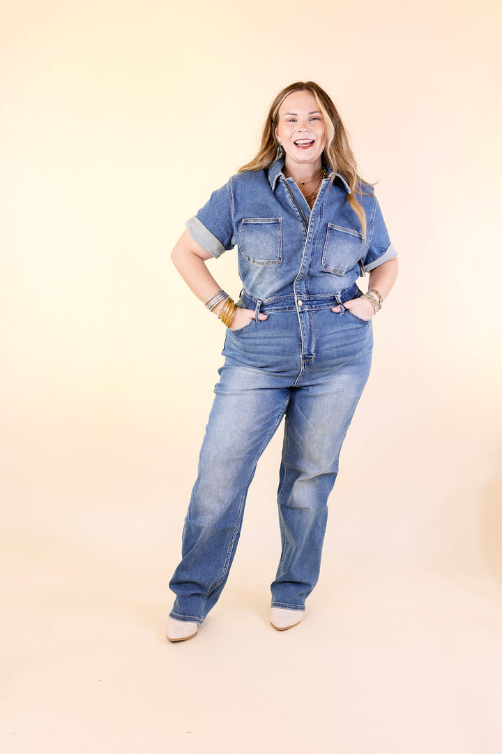 Judy Blue | New To The City Short Sleeve Denim Jumpsuit in Medium Wash