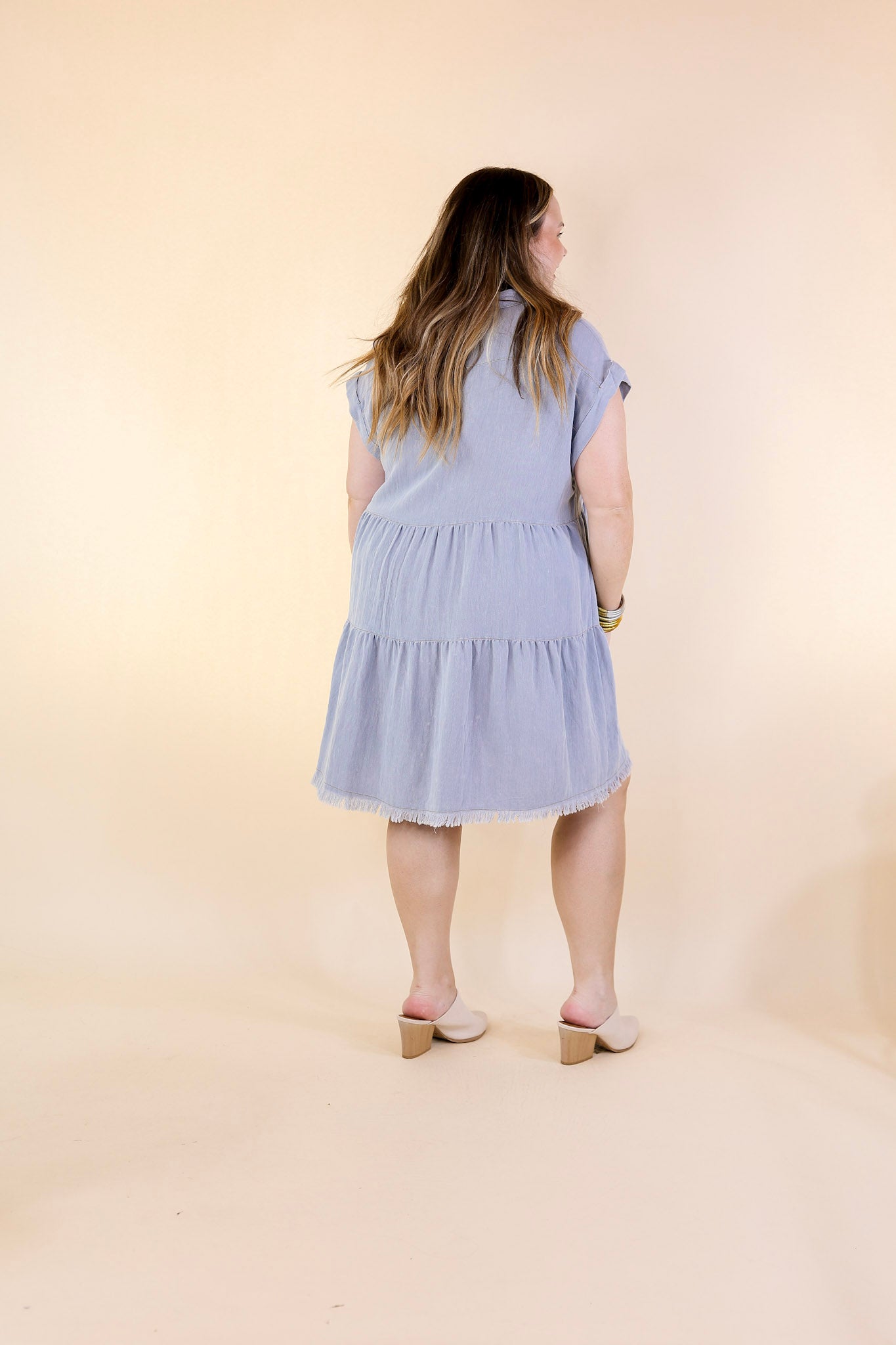 Oh Darling Ruffle Tiered Button Up Dress in Chambray Blue