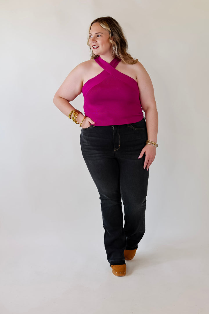 Talk To Me Crossed Strap Top in Magenta Purple - Giddy Up Glamour Boutique