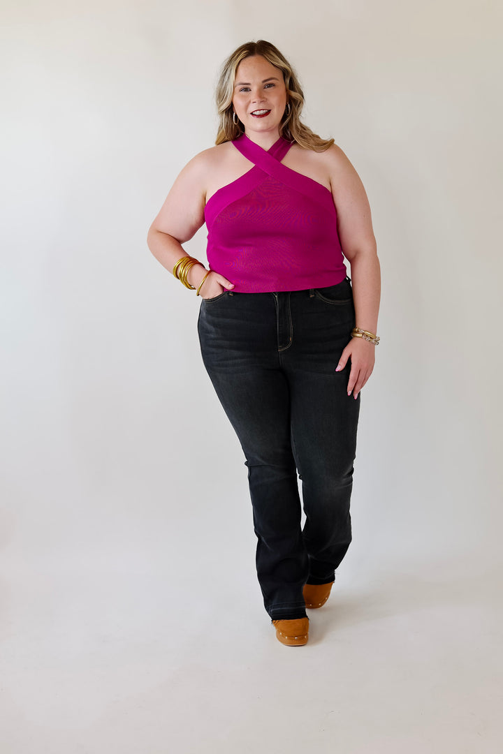 Talk To Me Crossed Strap Top in Magenta Purple - Giddy Up Glamour Boutique