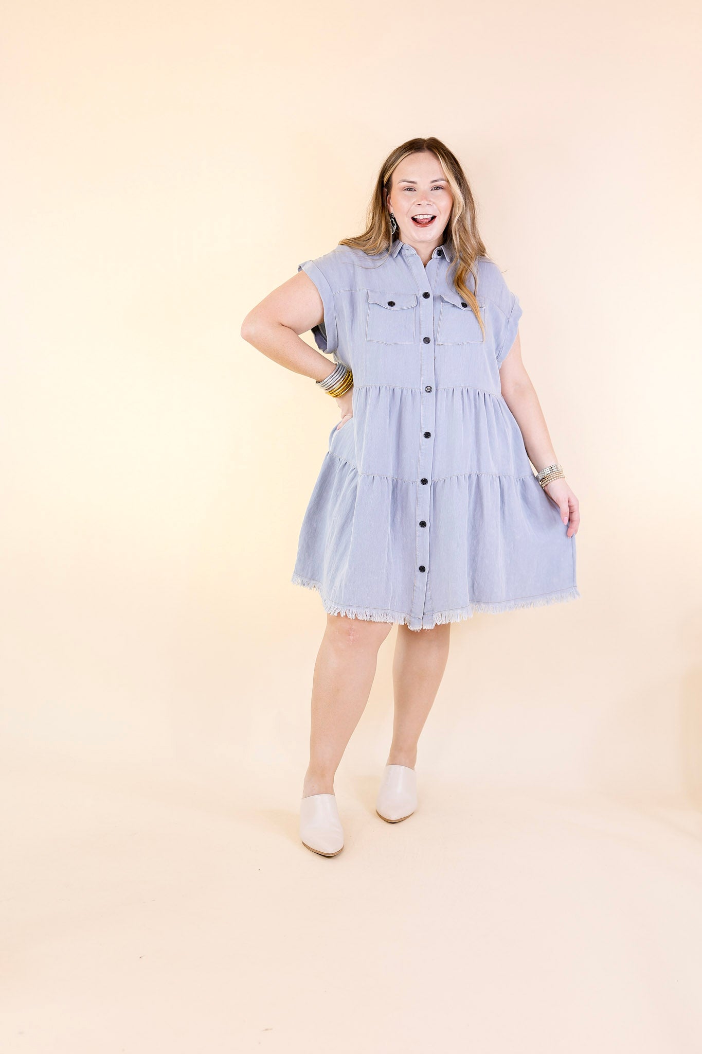 Oh Darling Ruffle Tiered Button Up Dress in Chambray Blue