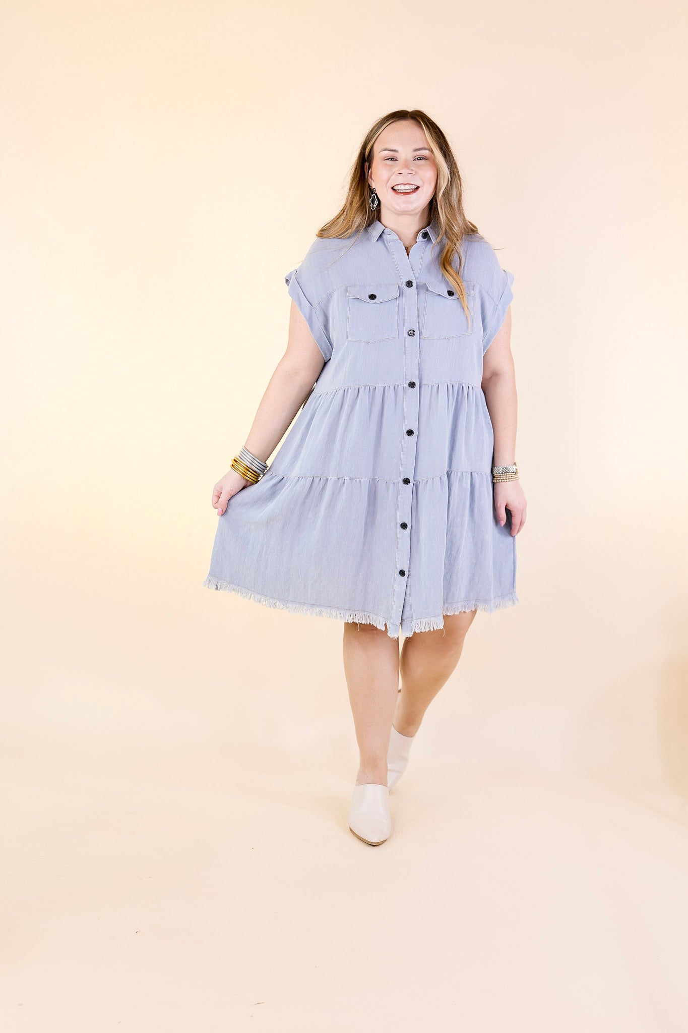 Oh Darling Ruffle Tiered Button Up Dress in Chambray Blue