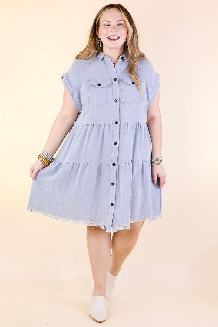 Oh Darling Ruffle Tiered Button Up Dress in Chambray Blue