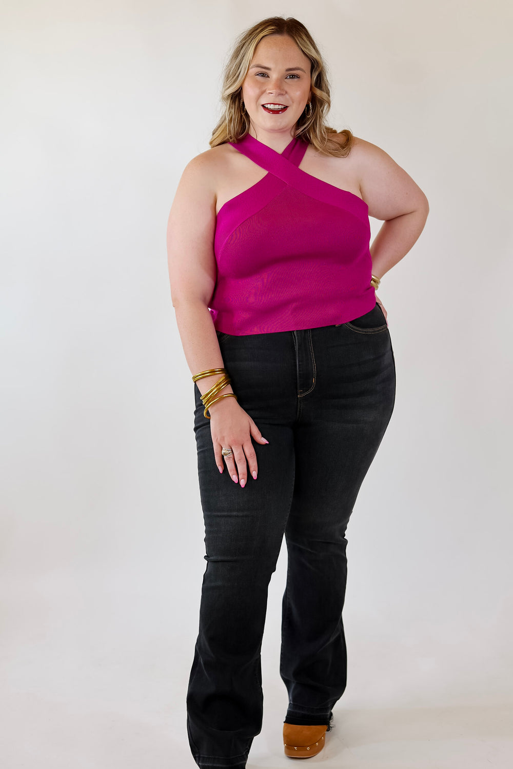 Talk To Me Crossed Strap Top in Magenta Purple - Giddy Up Glamour Boutique