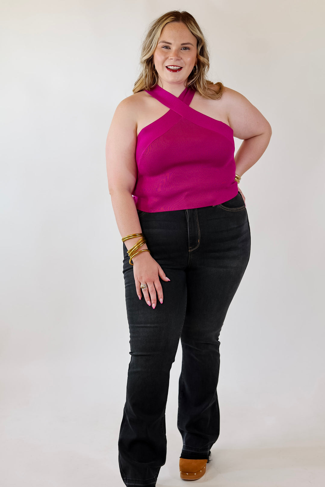 Talk To Me Crossed Strap Top in Magenta Purple - Giddy Up Glamour Boutique