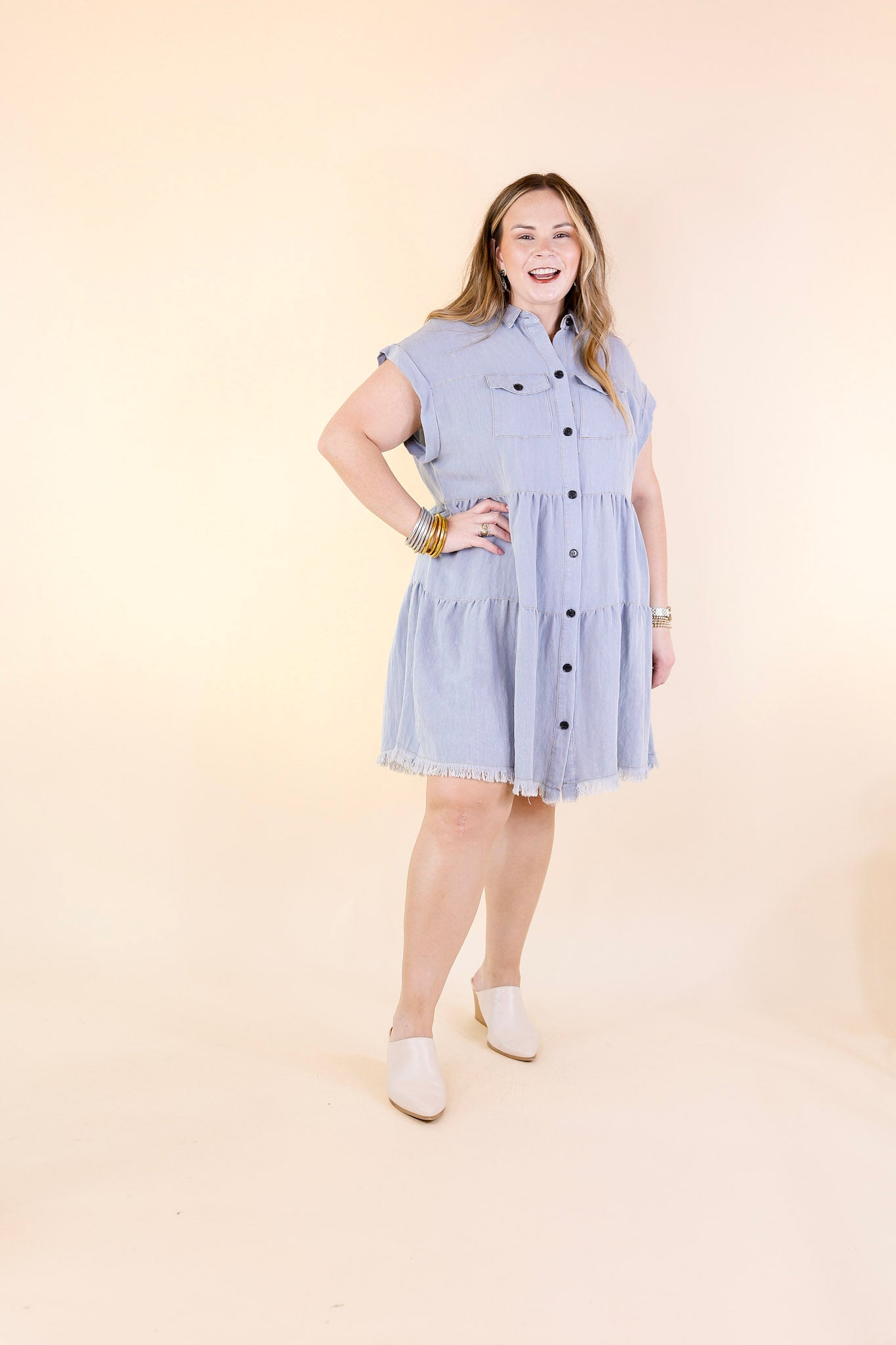 Oh Darling Ruffle Tiered Button Up Dress in Chambray Blue