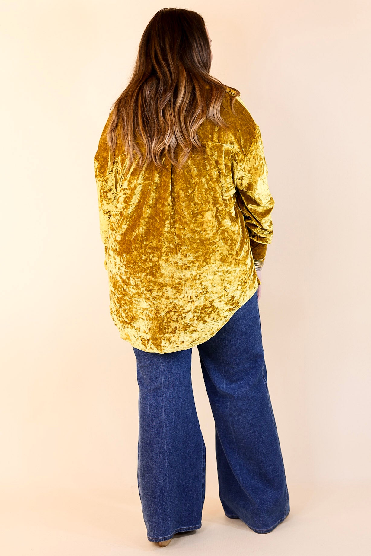 Frosted Glow Velvet Long Sleeve Button Up Top in Mustard Yellow