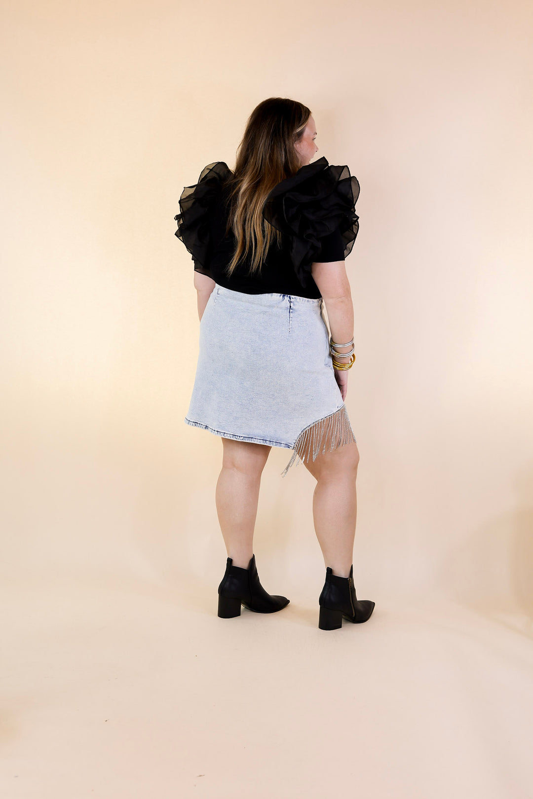 Grandest Moments Denim Mini Skirt with Crystal Fringe in Light Wash