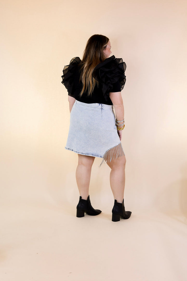 Grandest Moments Denim Mini Skirt with Crystal Fringe in Light Wash