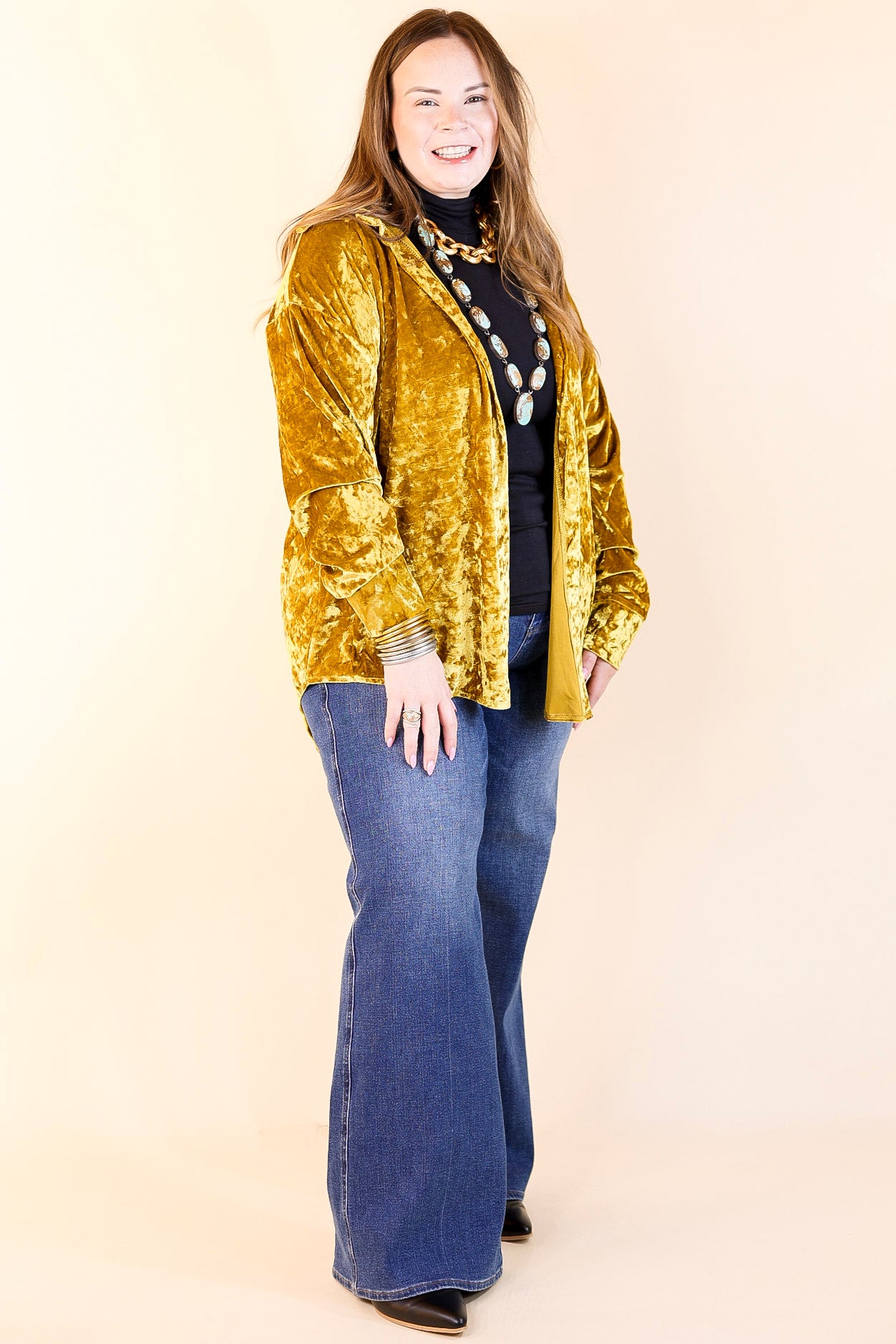 Frosted Glow Velvet Long Sleeve Button Up Top in Mustard Yellow