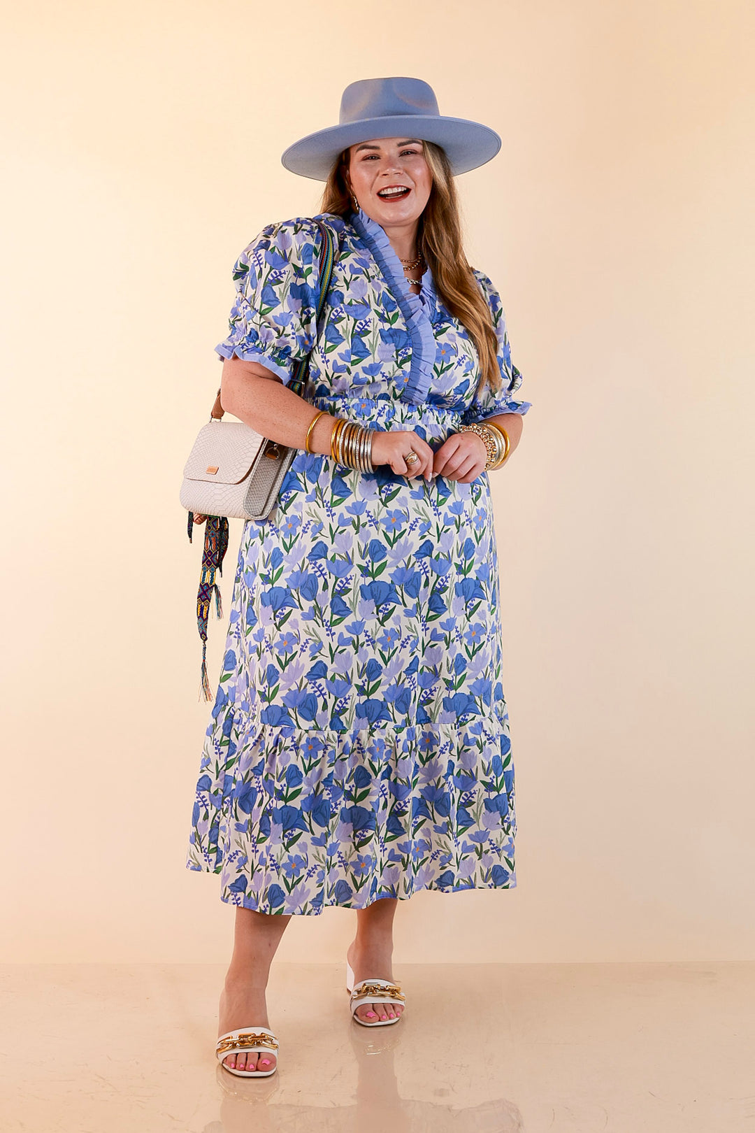 Gracefully Yours Floral Print Midi Dress with Contrast Ruffle Trim in Blue