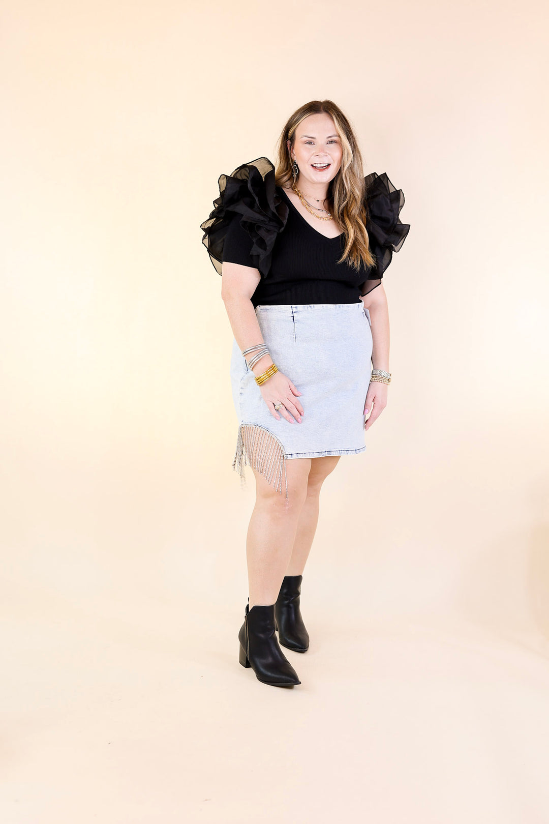 Grandest Moments Denim Mini Skirt with Crystal Fringe in Light Wash