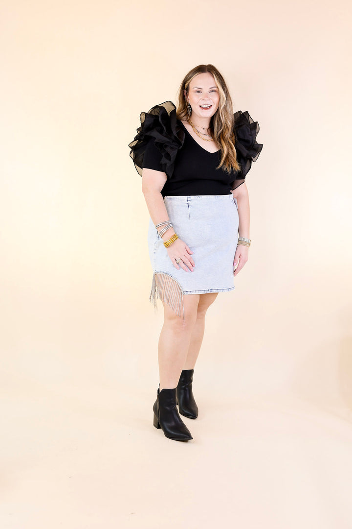 Grandest Moments Denim Mini Skirt with Crystal Fringe in Light Wash