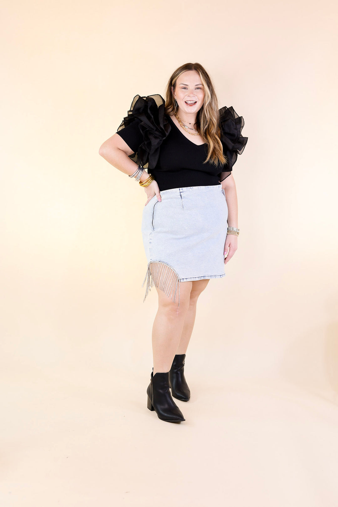 Grandest Moments Denim Mini Skirt with Crystal Fringe in Light Wash