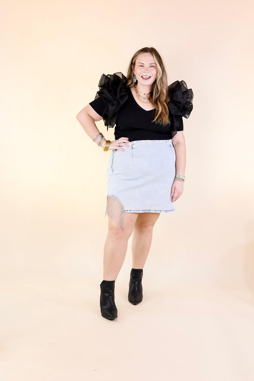 Grandest Moments Denim Mini Skirt with Crystal Fringe in Light Wash