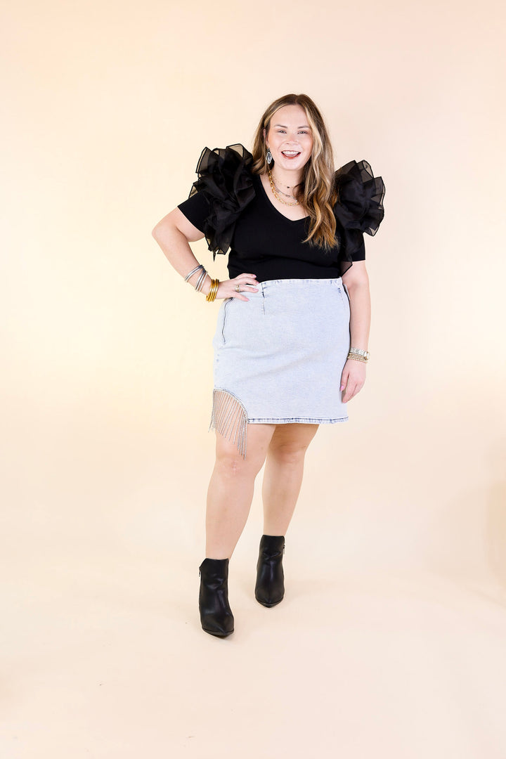 Grandest Moments Denim Mini Skirt with Crystal Fringe in Light Wash